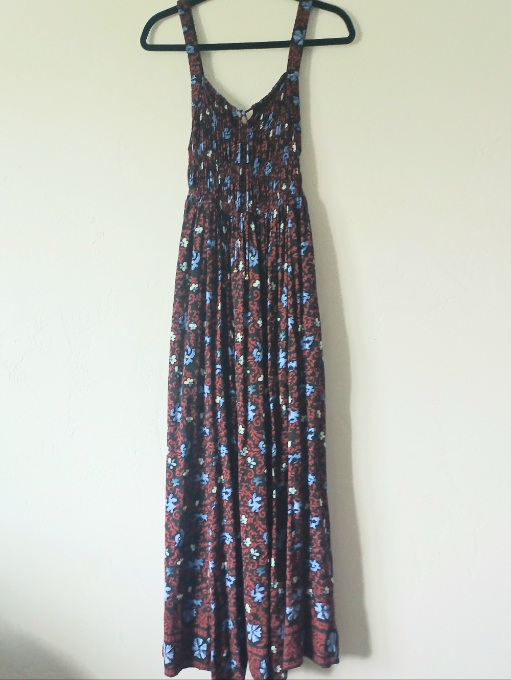 Free People Smocked Detail Maxi Dress in Black With Burgundy & Blue Floral Print